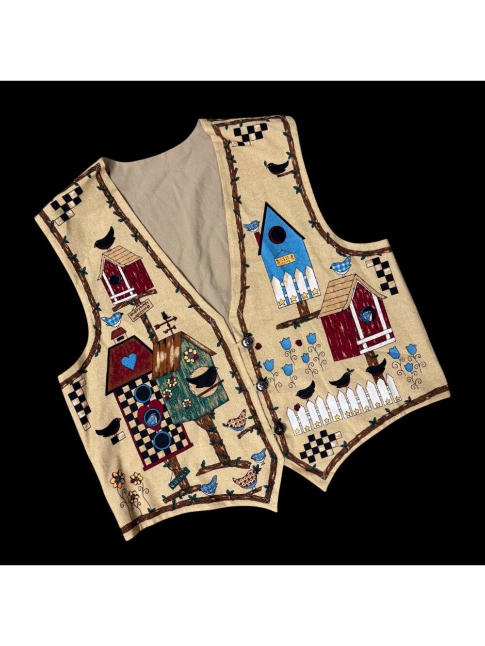 Handmade Womens Vest Folk Art Birds Birdhouse Cottagecore Button Front Vintage - Picture 1 of 5